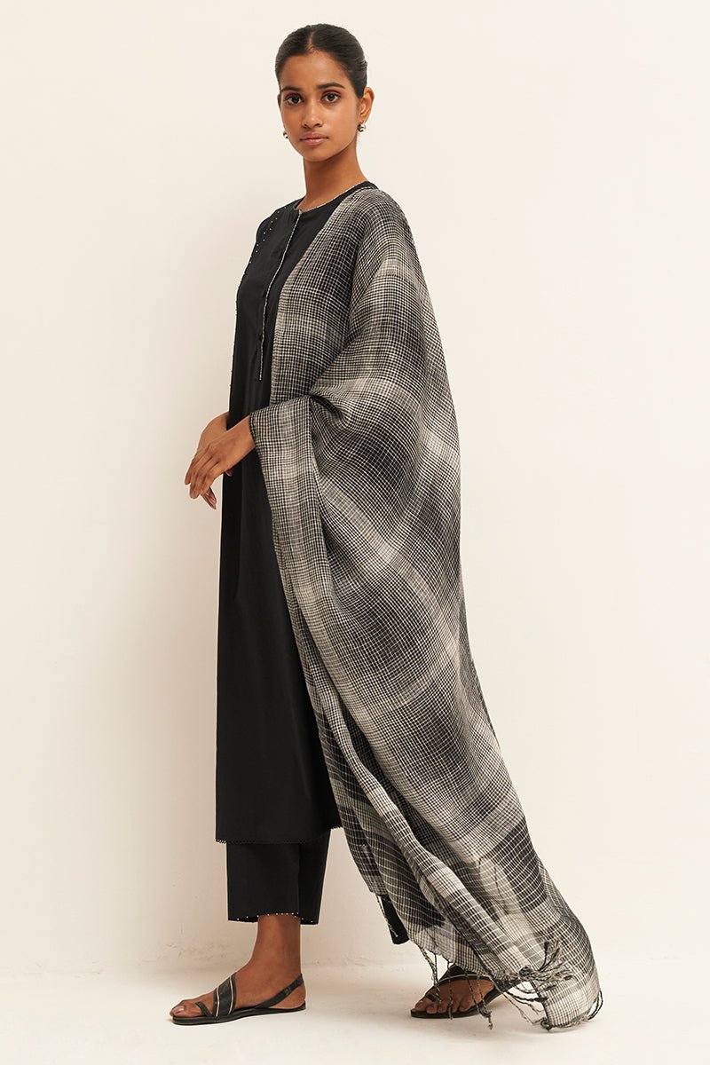 Black Cotton Kurta Set With Pure Linen Woven Dupatta