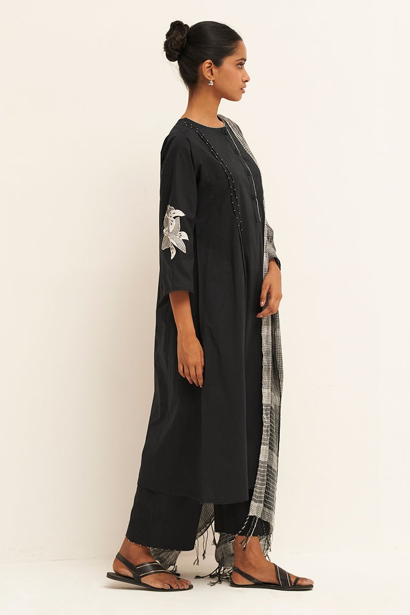 Black Cotton Kurta Set With Pure Linen Woven Dupatta