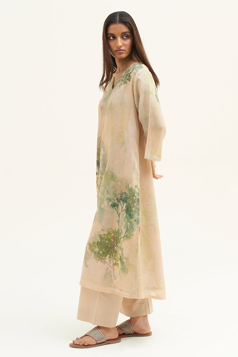 Wheat Beige and Green Printed Linen Co-ord Set