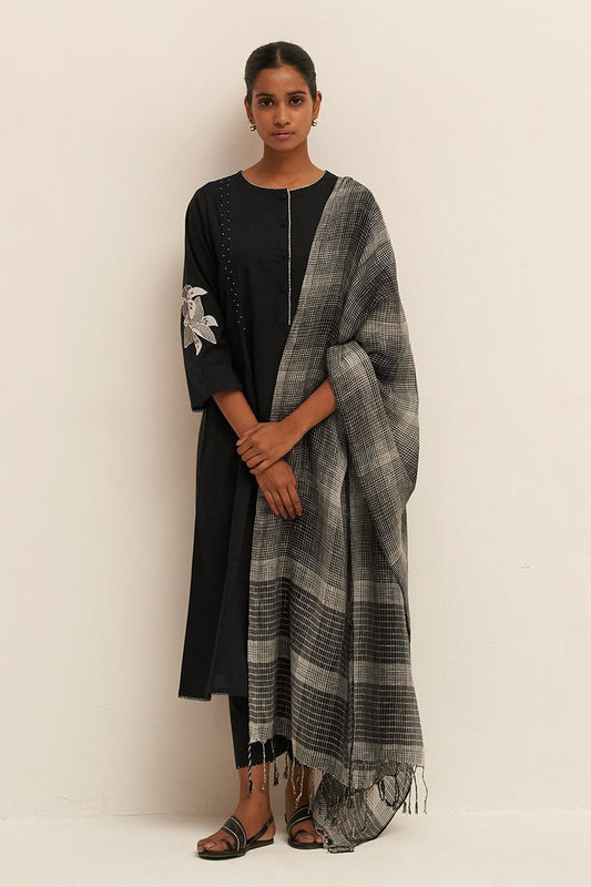 Black Cotton Kurta Set With Pure Linen Woven Dupatta