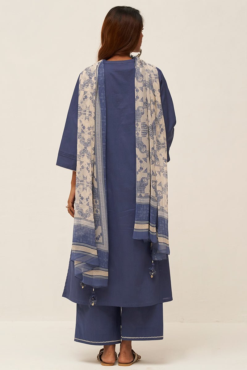 Blue Cotton Salwar Suit With Chiffon Dupatta