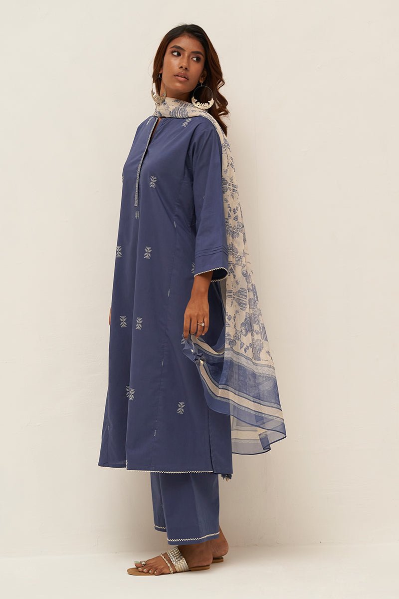 Blue Cotton Salwar Suit With Chiffon Dupatta