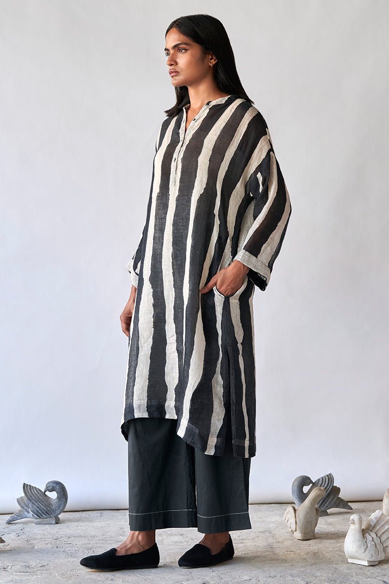 Black and Tofu Stripe Linen Co-ord Set