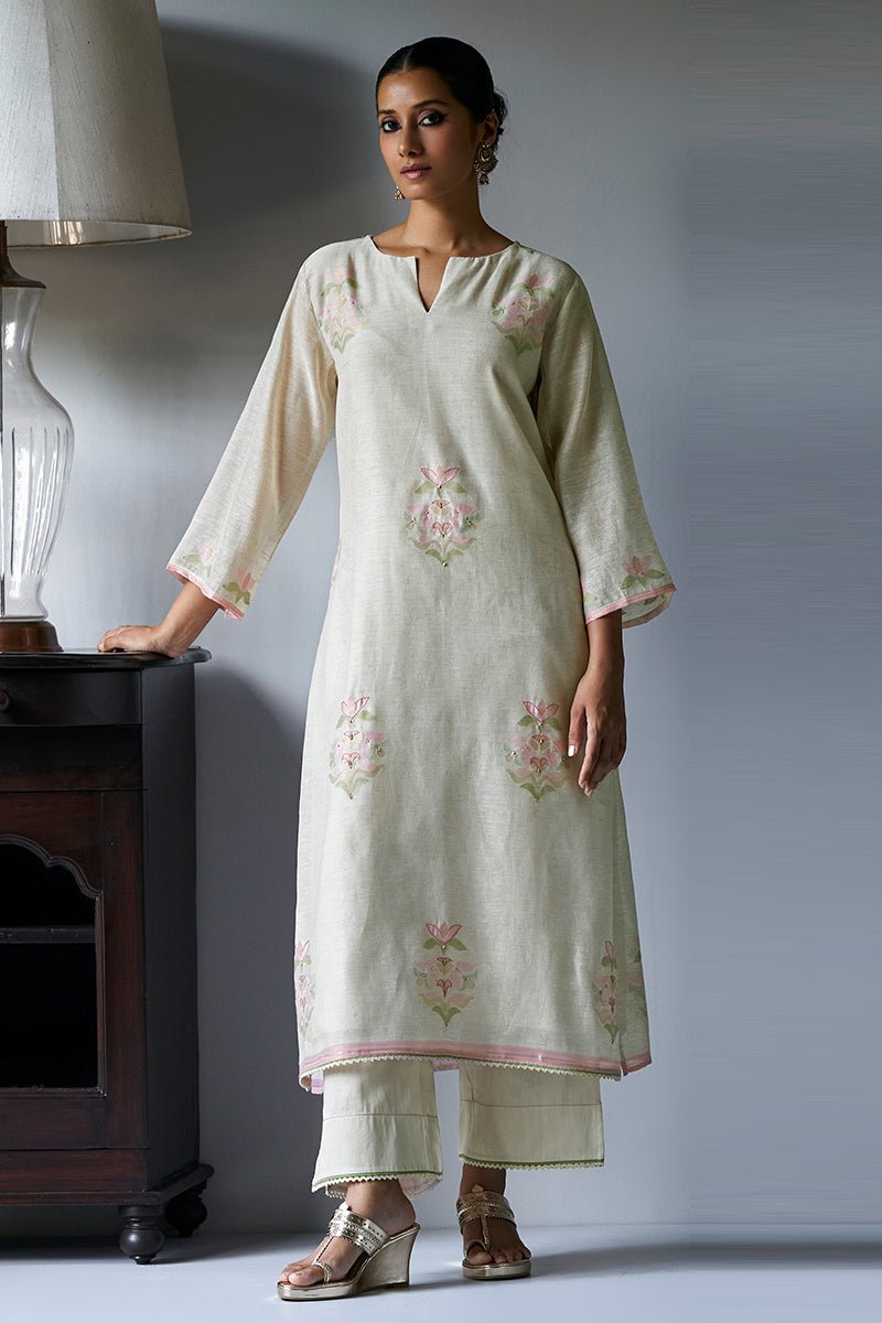 Birch Cream Woven Kurta Suit Set With Hand Work Detailing