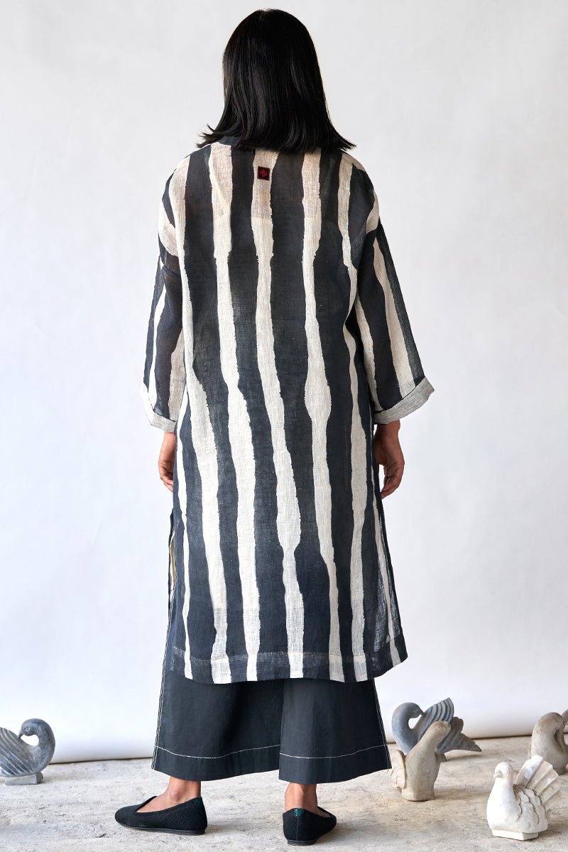 Black and Tofu Stripe Linen Co-ord Set