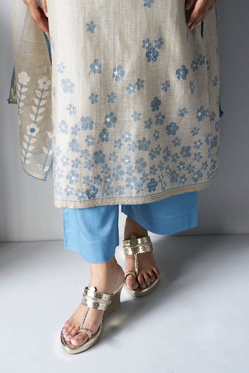 Beige Woven Kurta Suit Set With Delicate Hand Work Detailing