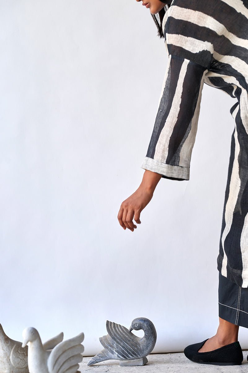 Black and Tofu Stripe Linen Co-ord Set