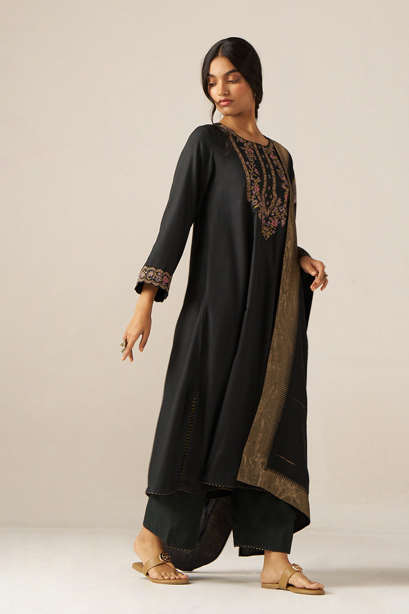 Black Pashmina Embroidered Kurta Set