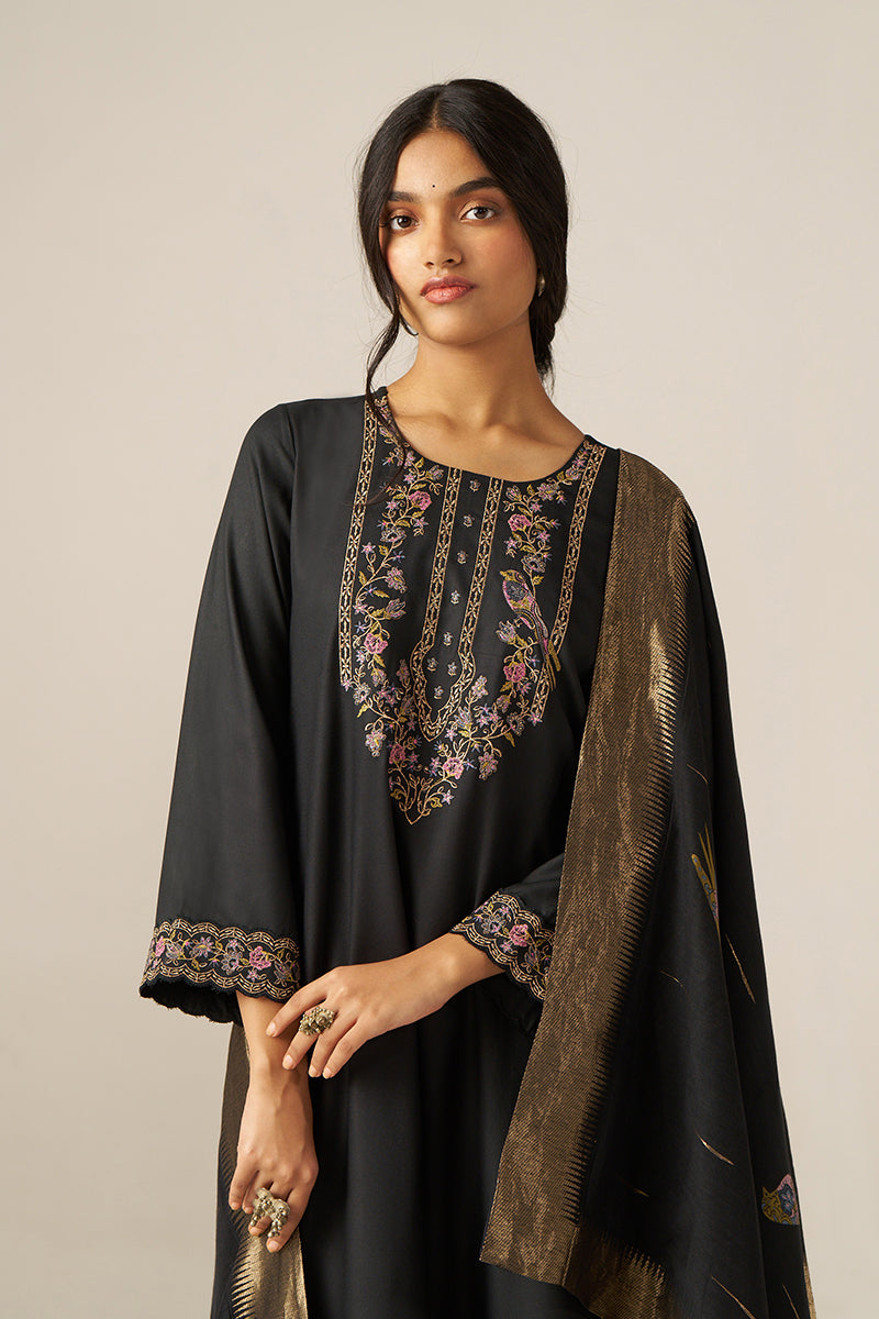 Black Pashmina Embroidered Kurta Set