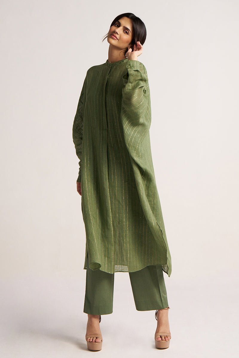 Hedge Green Zari Linen Festive Co-ord Set