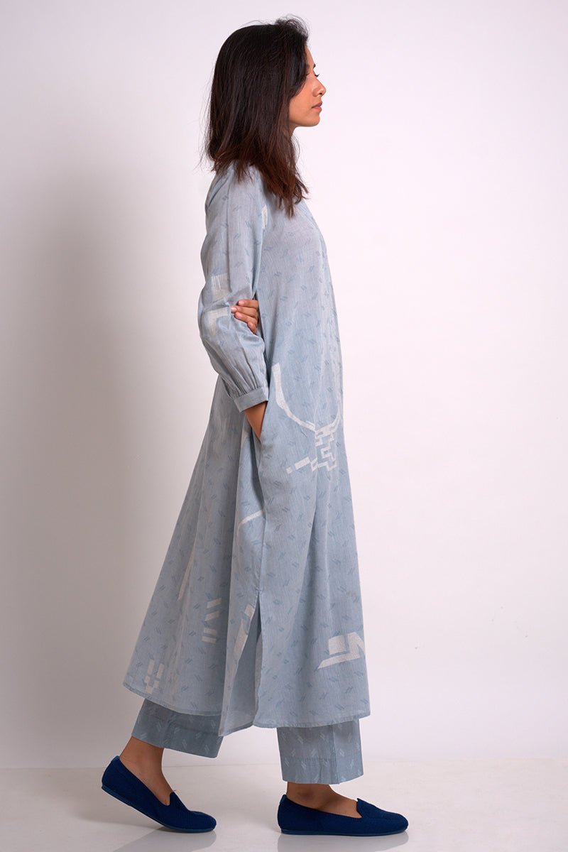 Powder Blue Woven Kurta With Printed Cotton Bottom