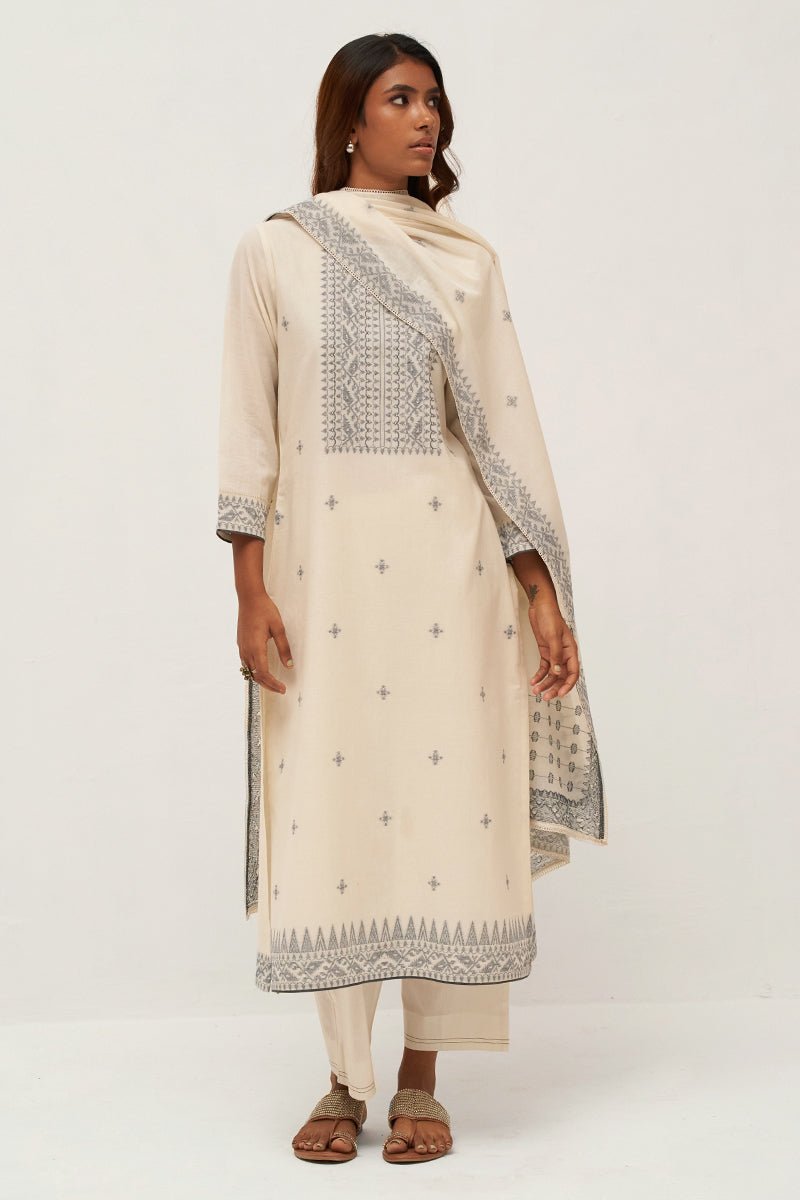 Gardenia Cream Woven Cotton Salwar Suit With Hand Embellishment