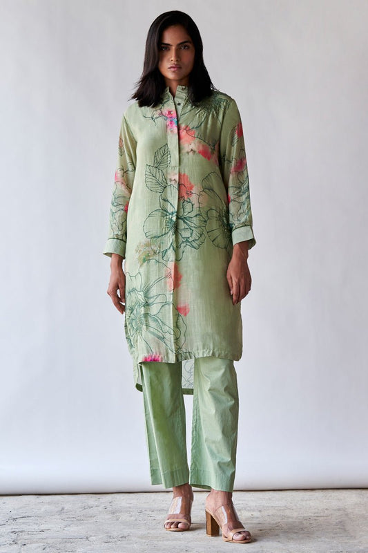 Pistachio Floral Printed Bemberg Silk Co-ord Set