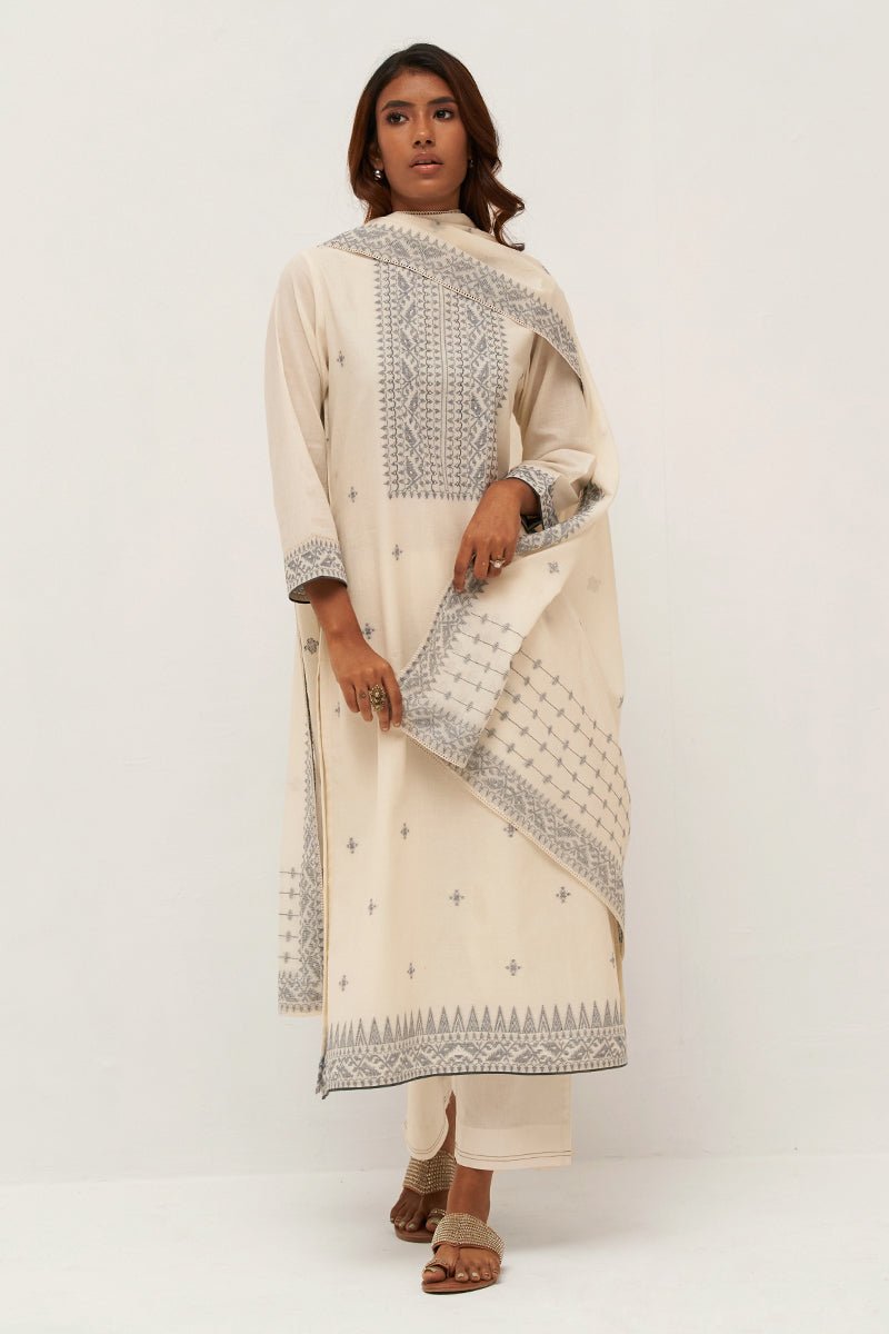 Gardenia Cream Woven Cotton Salwar Suit With Hand Embellishment