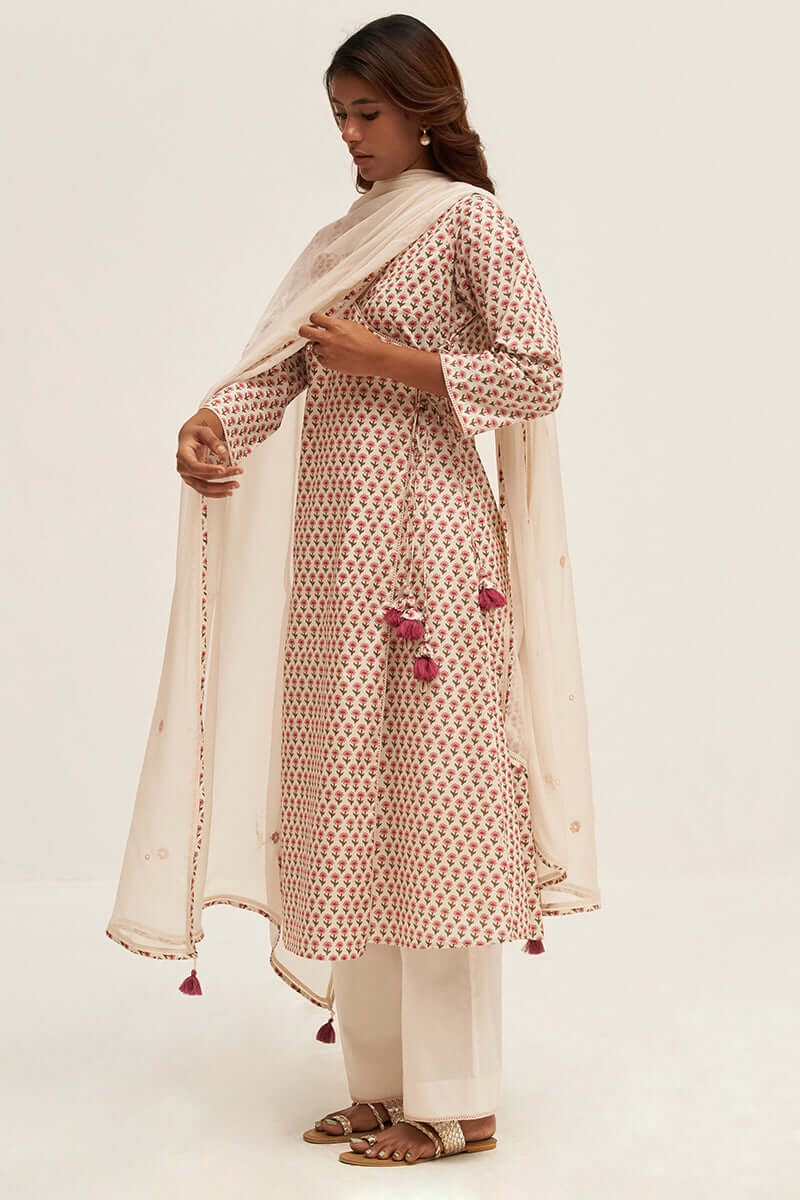 Cream Flower Printed Cotton Angrakha Suit