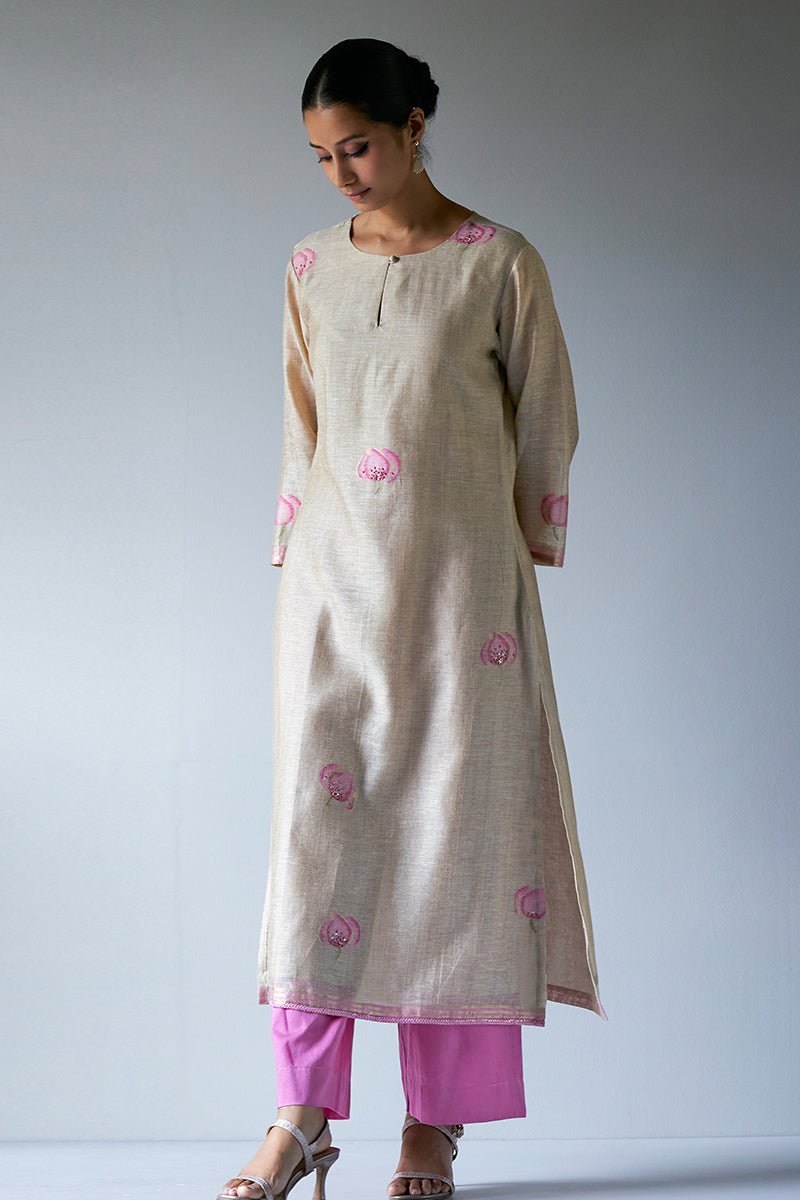 Beige and Pink Woven Kurta Suit Set With Delicate Hand Work Detailing