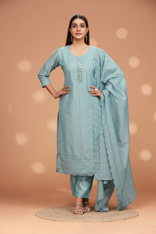 Three-Piece Schiffli Kurta and Dupatta with Solid Pants