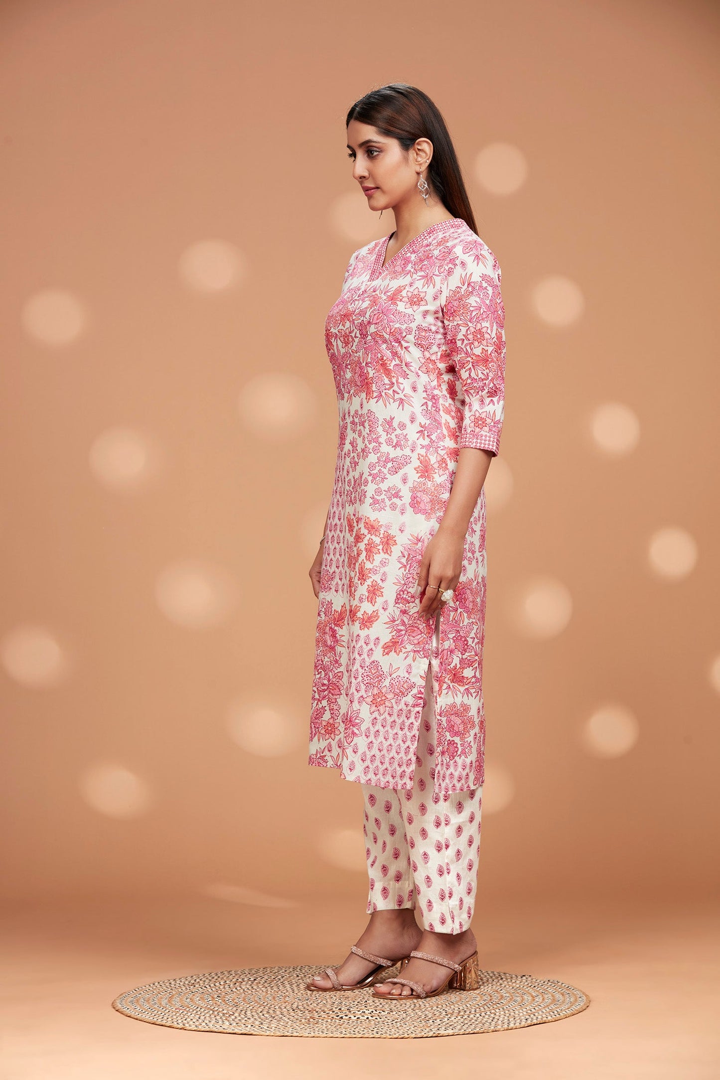 Cotton V Neck Printed A line Kurta Set