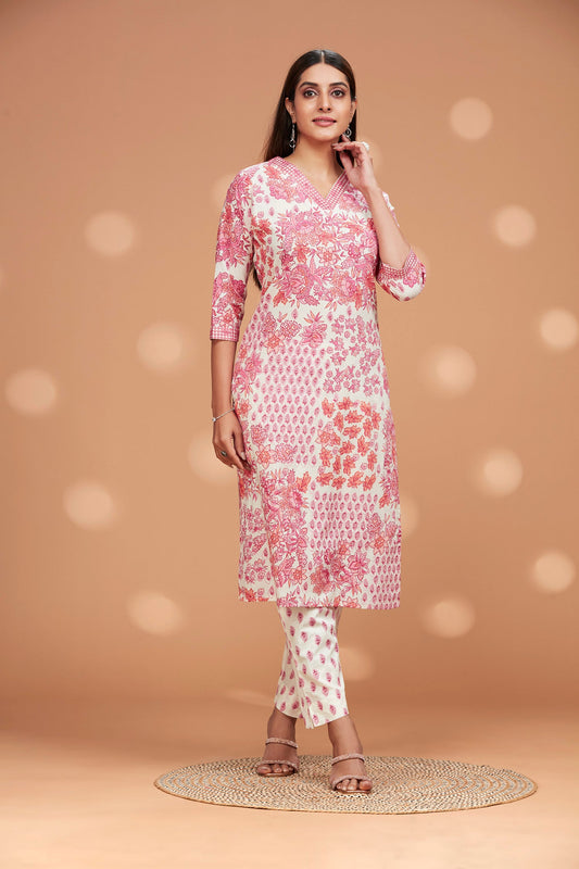 Cotton V Neck Printed A line Kurta Set