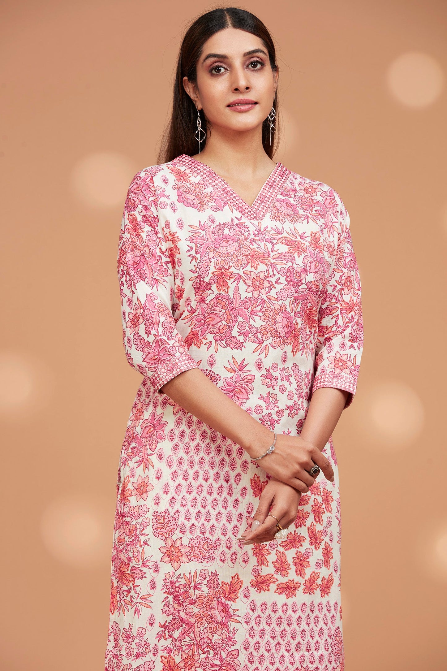 Cotton V Neck Printed A line Kurta Set