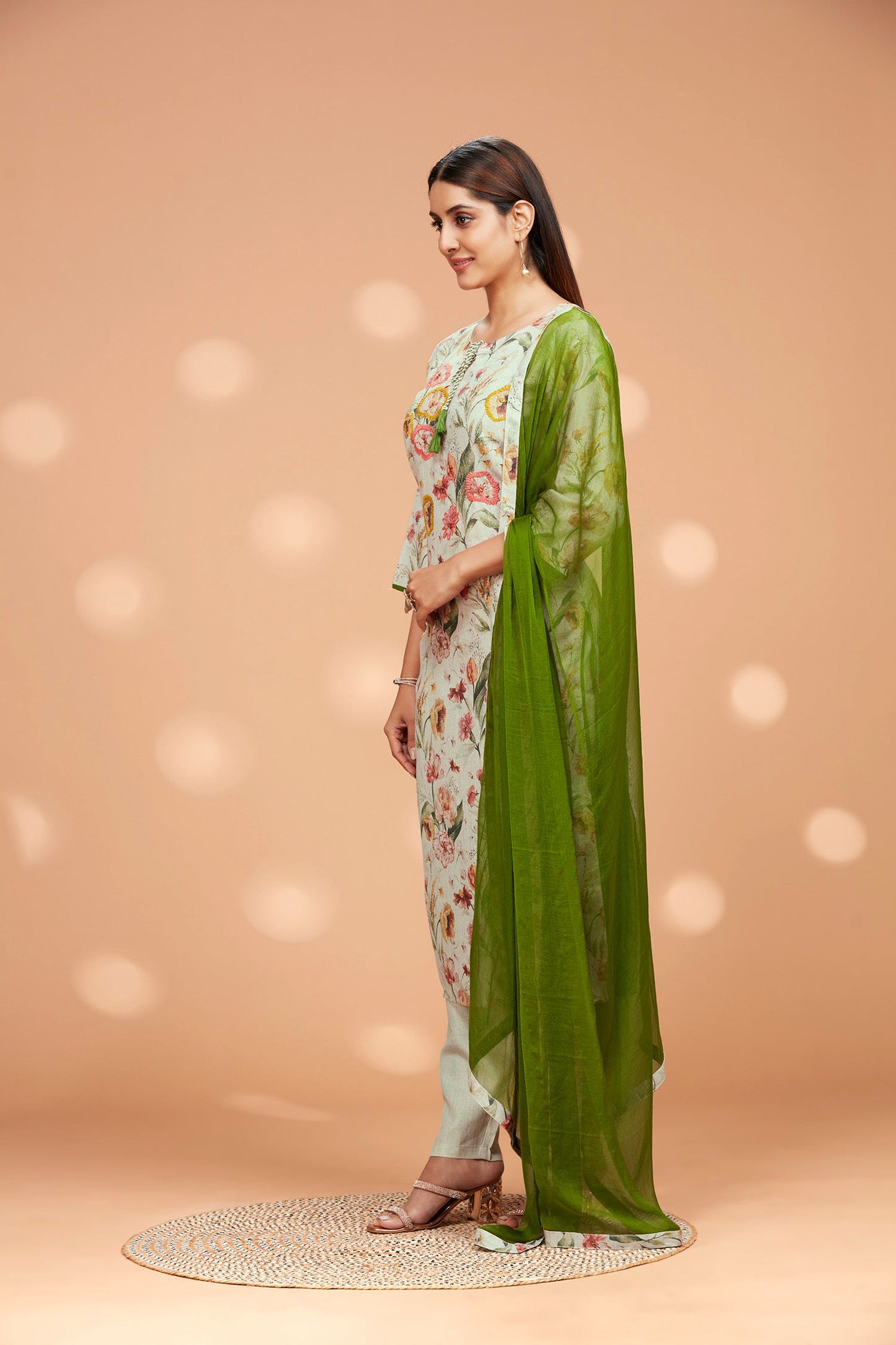 Three-Piece Cotton Foral Printed Kurta and Dupatta with Solid Pants