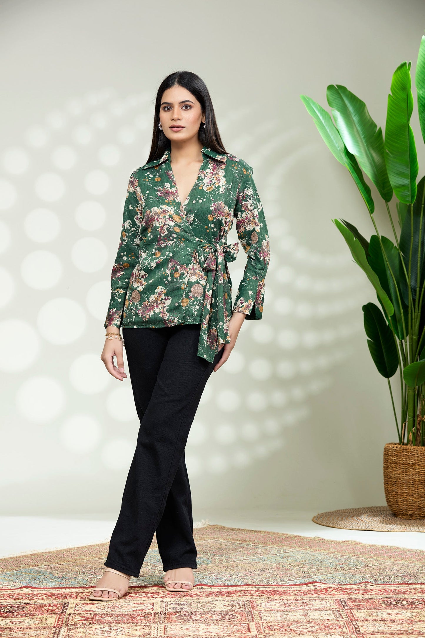 Satin Printed Top wrap around - Dark Green