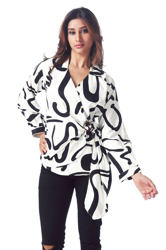 Black & White Printed V-Neck Wrap Top