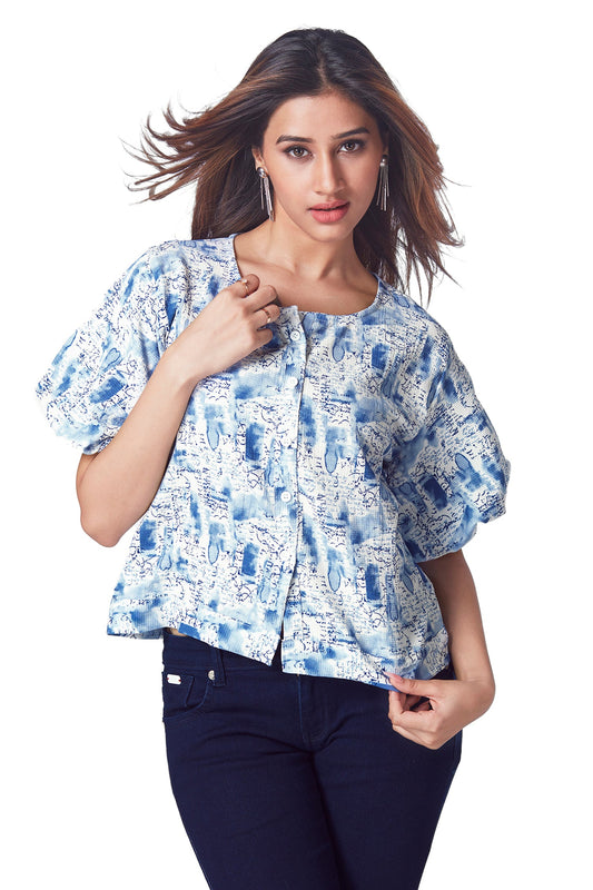 Causal Printed Balloon Sleeves Crop Top