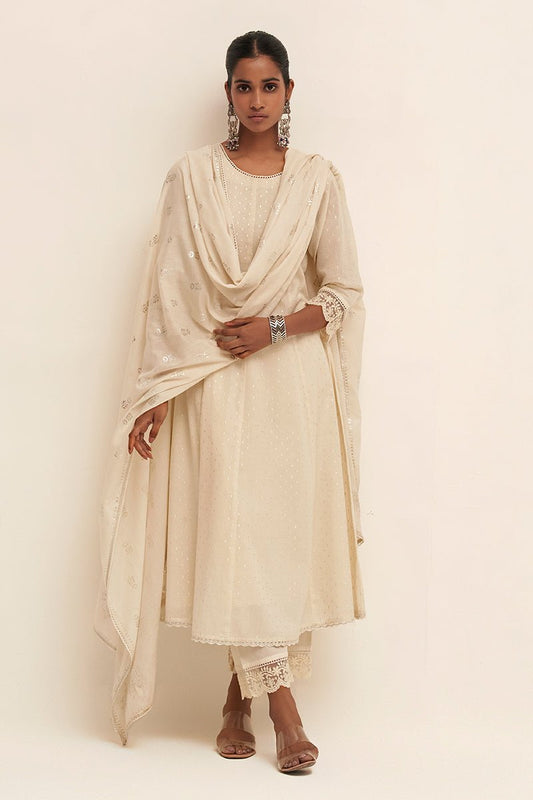 Off White Silver Woven Kurta With Foil Printed Cotton Dupatta