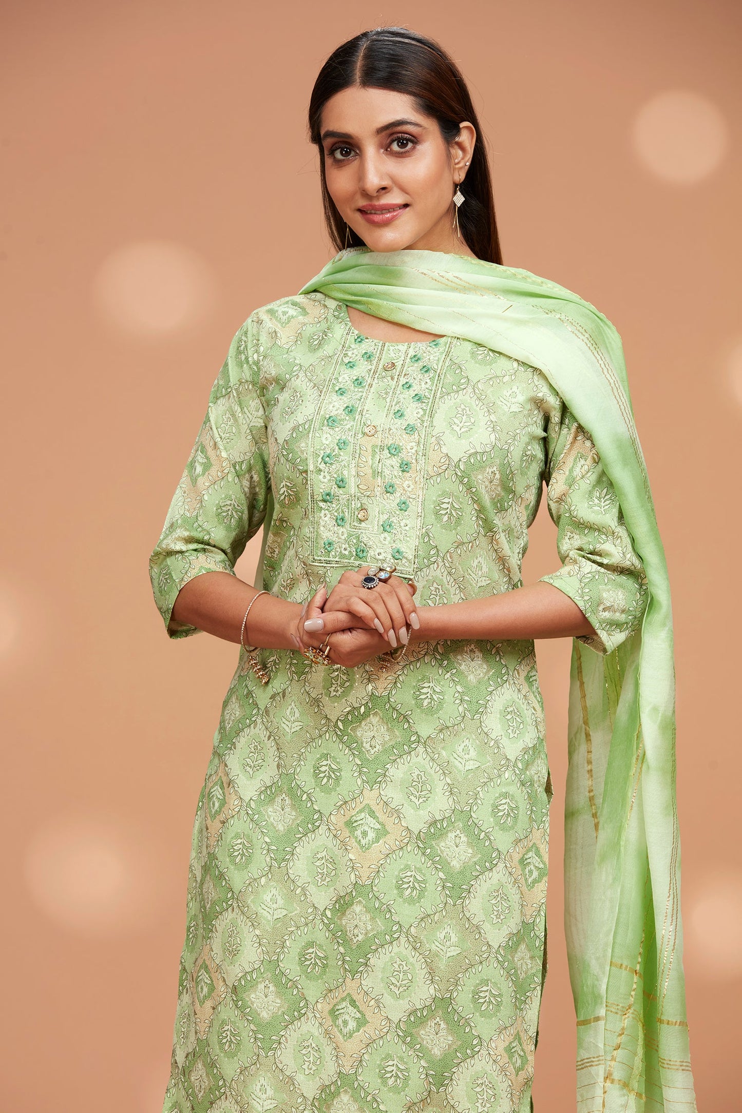 Printed Straight fit Embroidered Kurta with Palazzo Pant & Tie-die Dupatta - Light Green