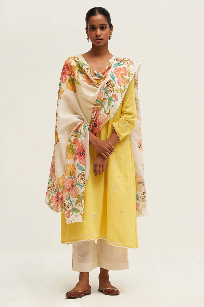 Yellow Embroidered Cotton Salwar Suit