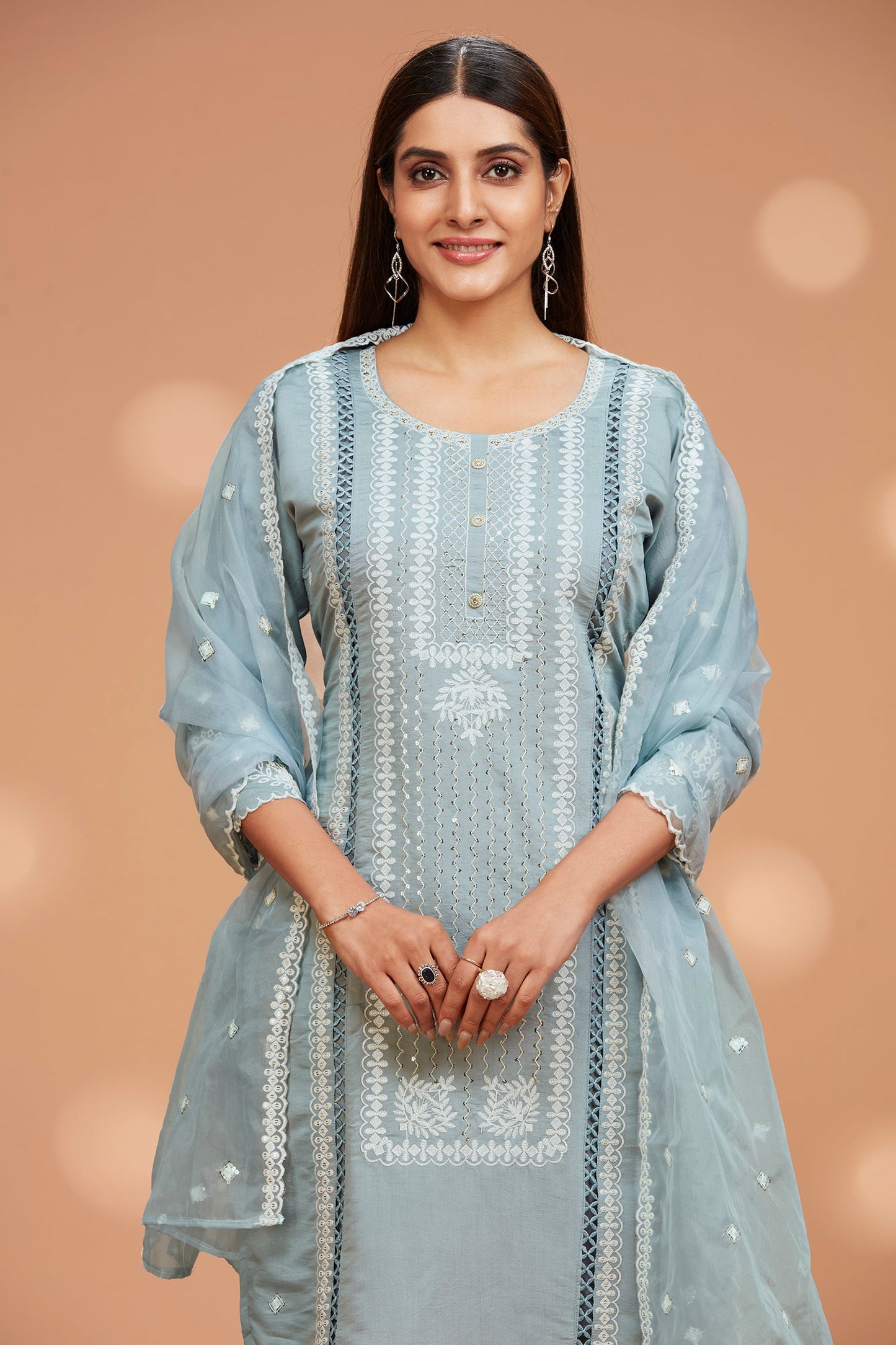 Straight Fit Embroidered Kurta with Pant  & Shiffon Duppatta