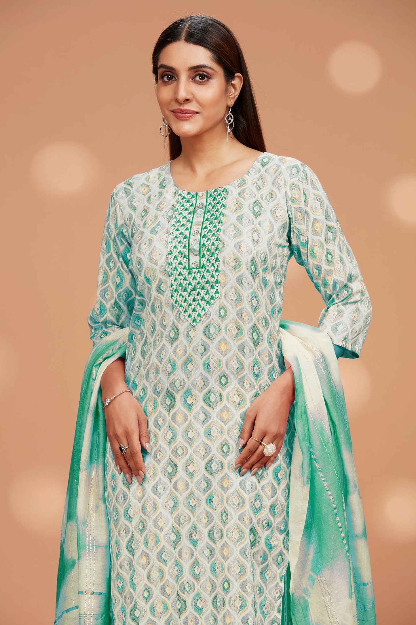 Printed Straight fit Embroidered Kurta with Palazzo Pant & Tie-die Duppatta - Green