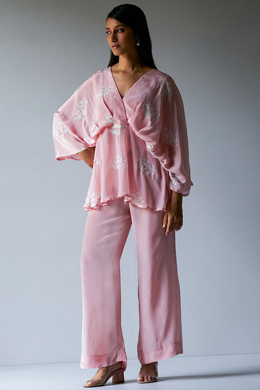 Crystal Rose Crepe Silk Co-ord Set With Detailing Hand Embroidery on Top