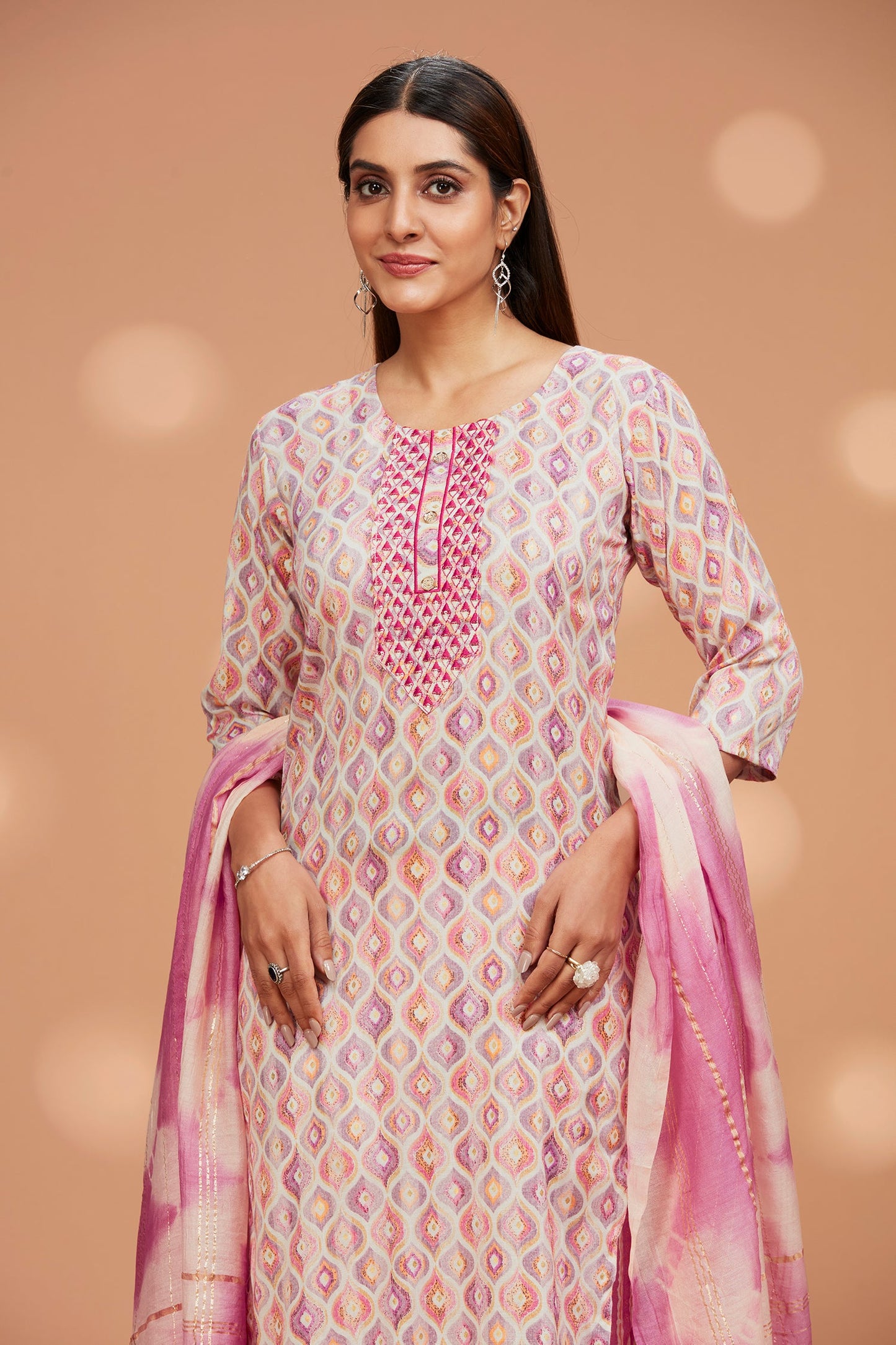 Printed Straight fit Embroidered Kurta with Palazzo Pant & Tie-die Duppatta - Pink