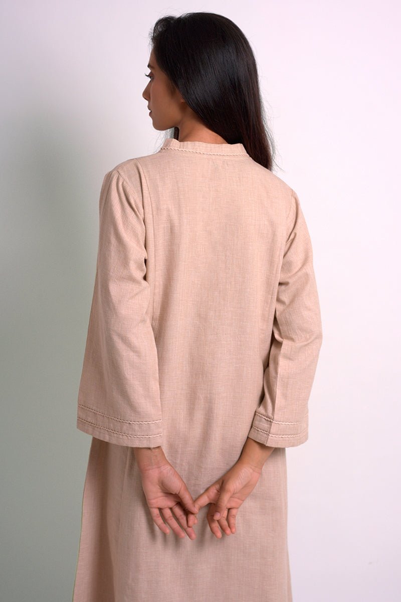 Beige Cotton Woven Kurta With Cotton Bottom