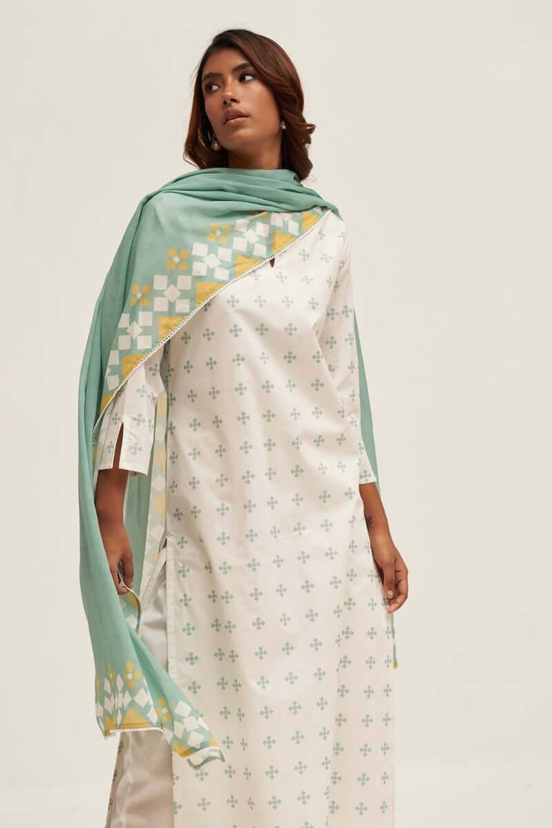 White and Aquifer Printed Cotton Salwar Suit