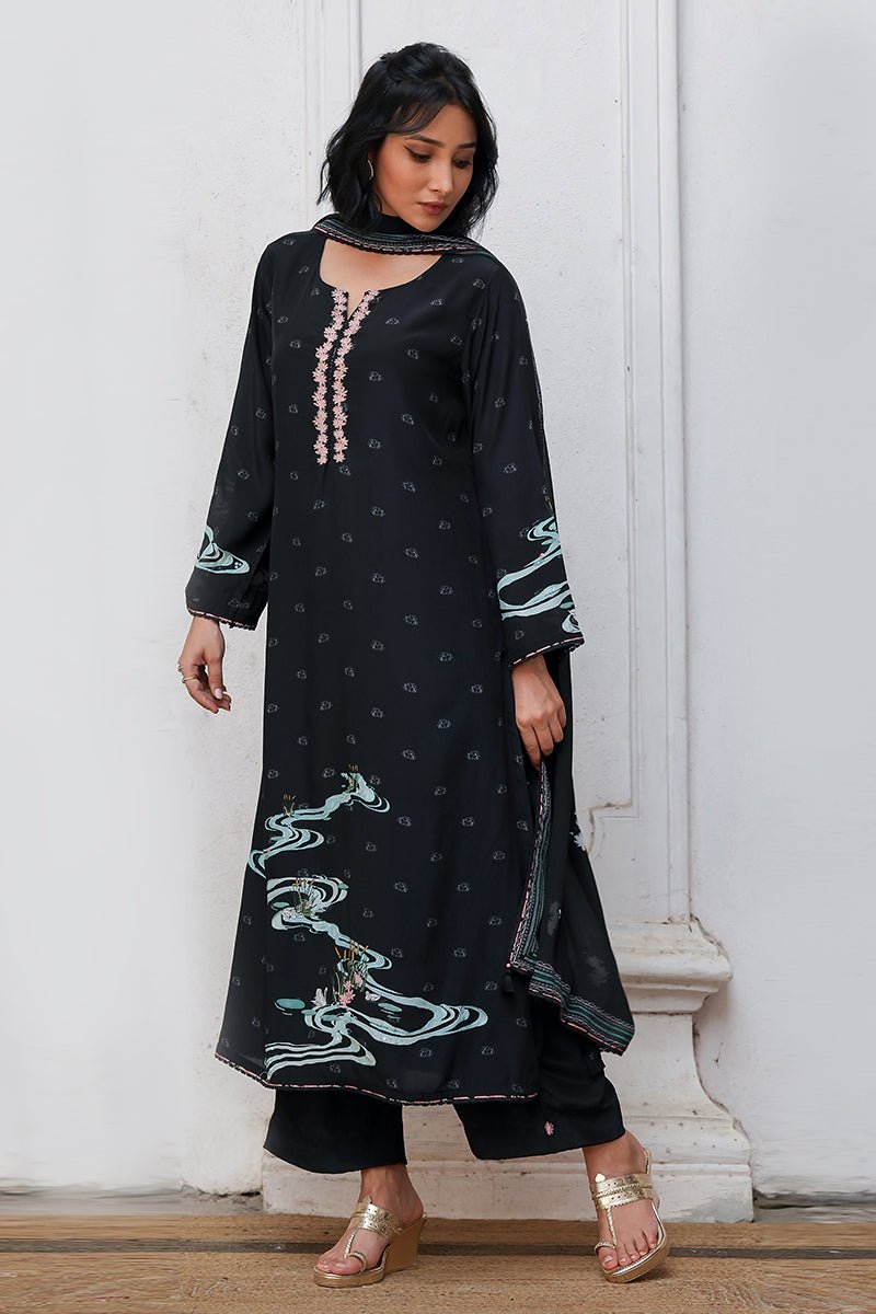 Black Bemberg Silk Salwar Suit With Chinon Silk Dupatta