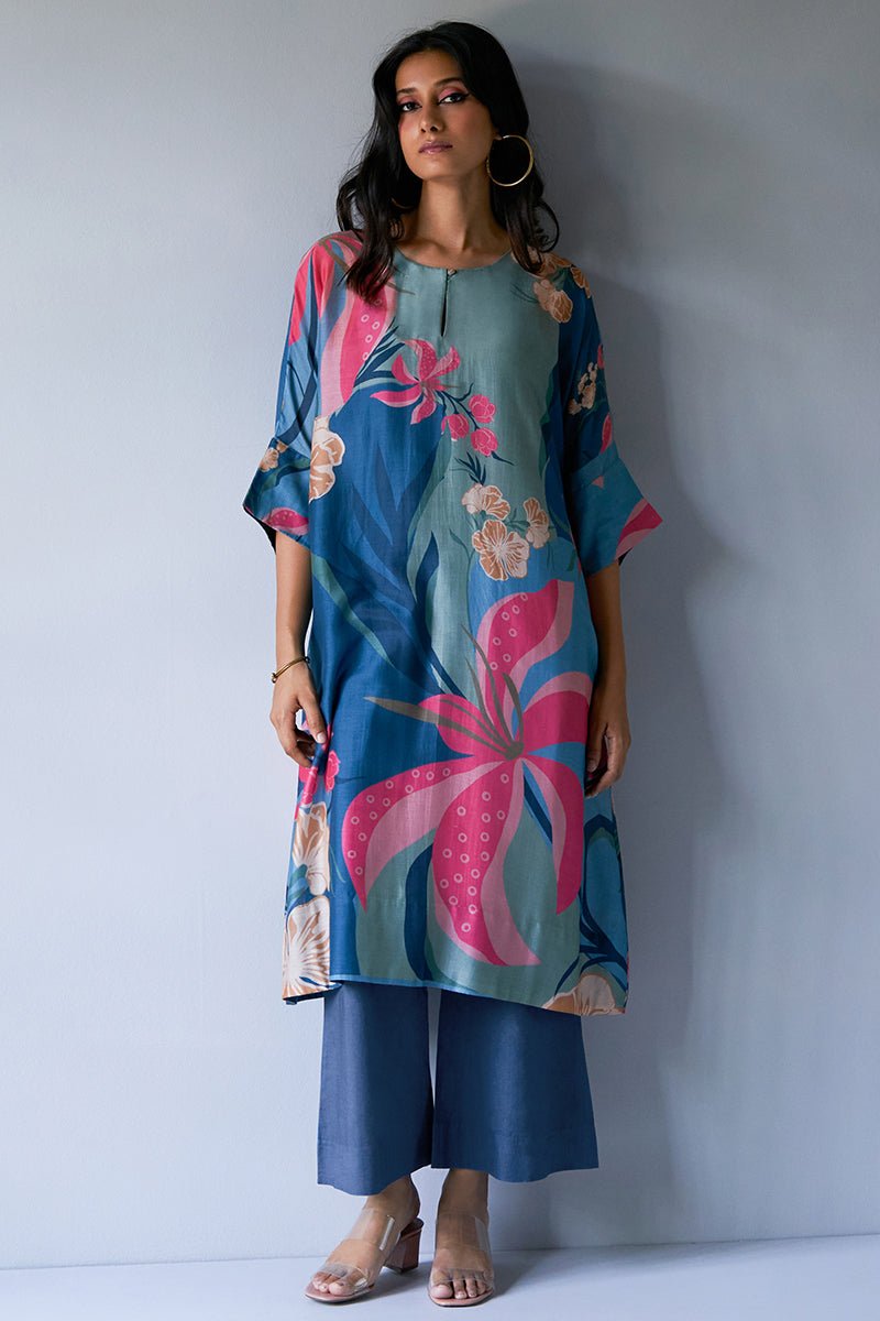 Midnight Blue, Pink and Pistachio Mix Colour Bemberg Silk Printed Co-ord Set