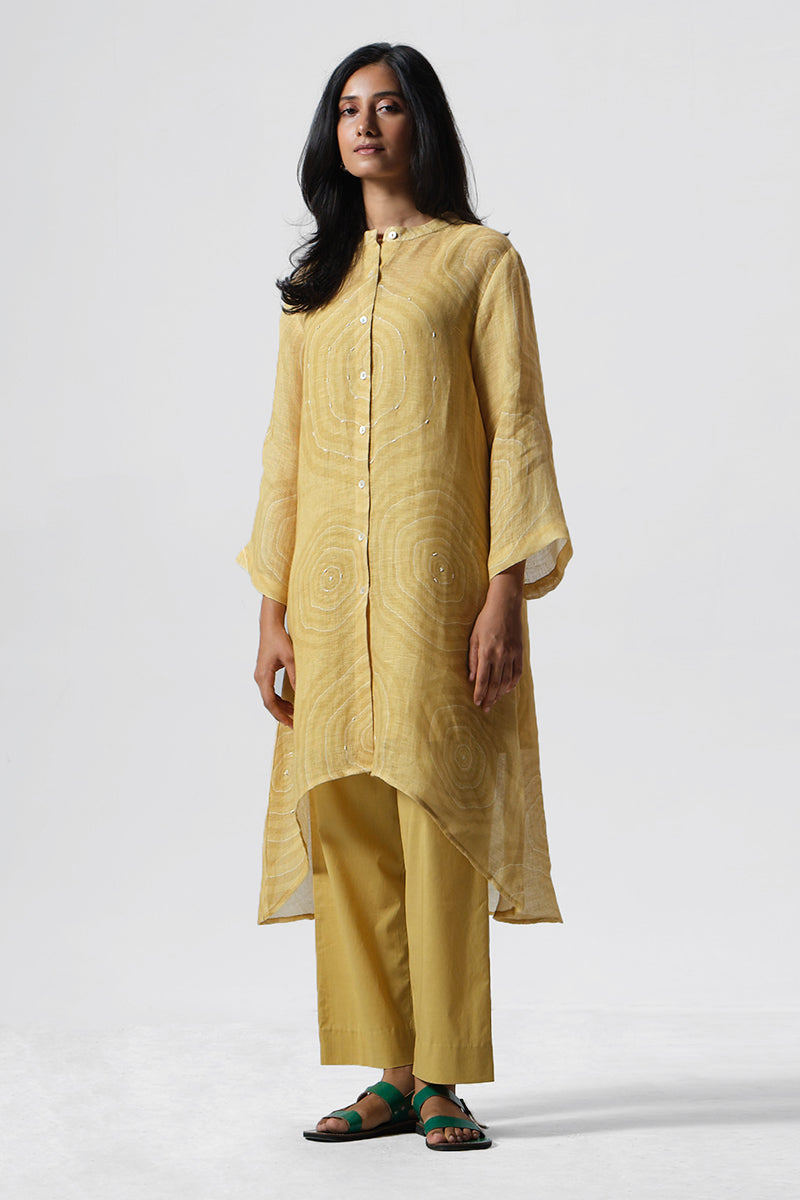 Misted Yellow Linen Hand Embroidered Co-ord Set