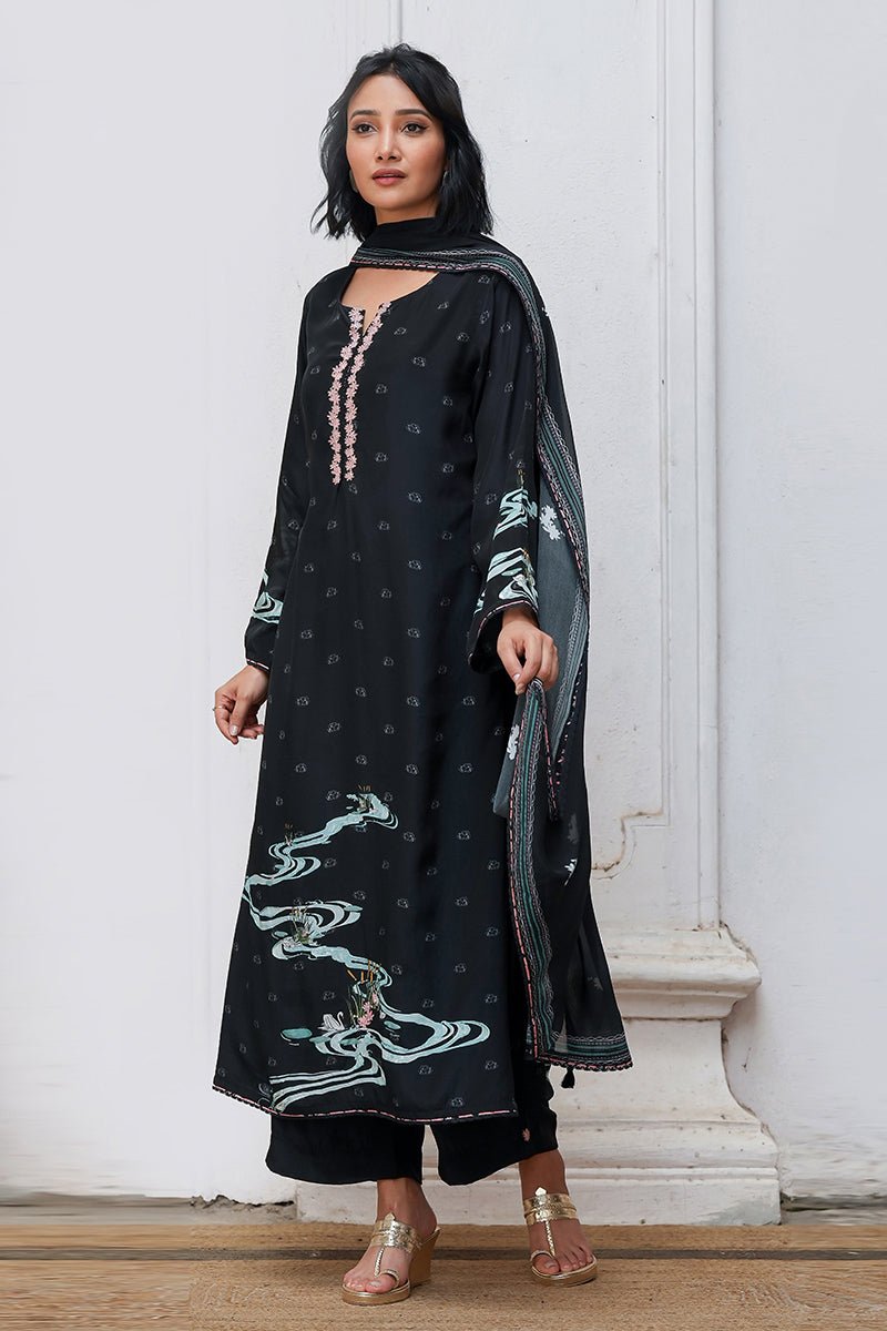 Black Bemberg Silk Salwar Suit With Chinon Silk Dupatta