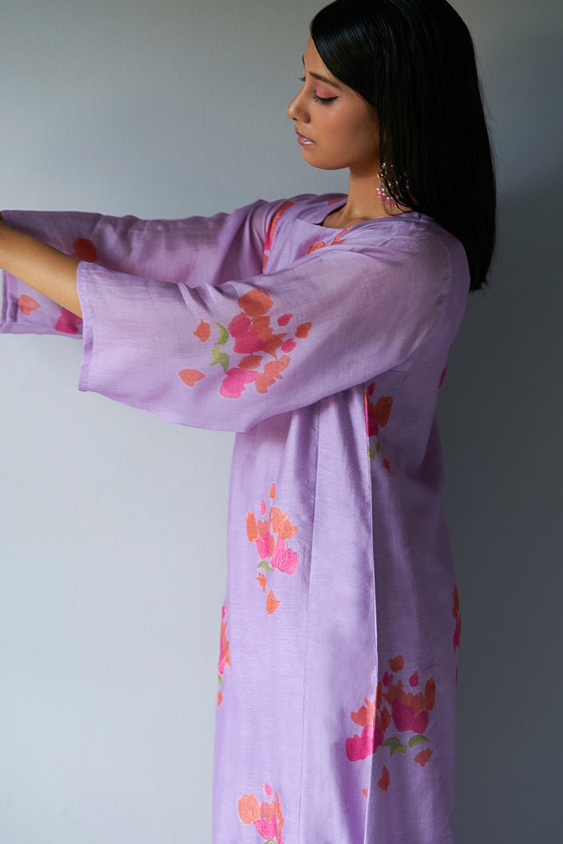 Lavender and Pink Bemberg Silk Printed Salwar Suit With Embroidery Detailing