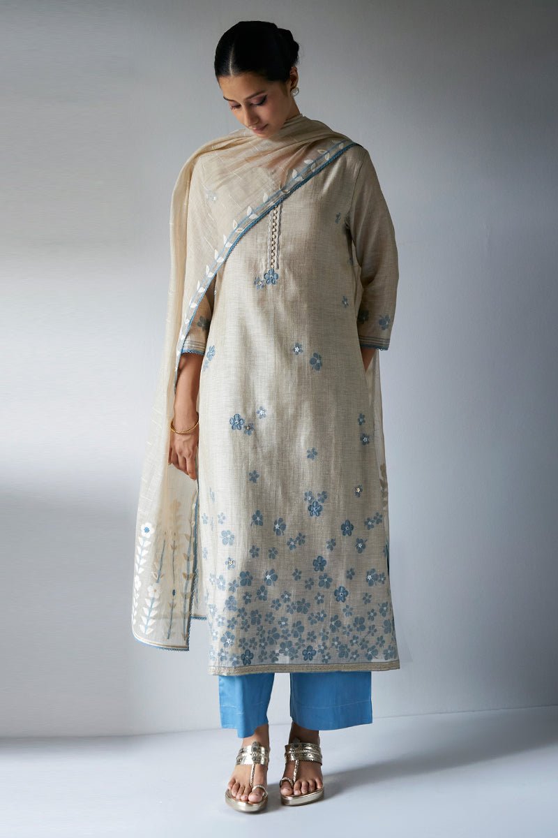 Beige Woven Kurta Suit Set With Delicate Hand Work Detailing