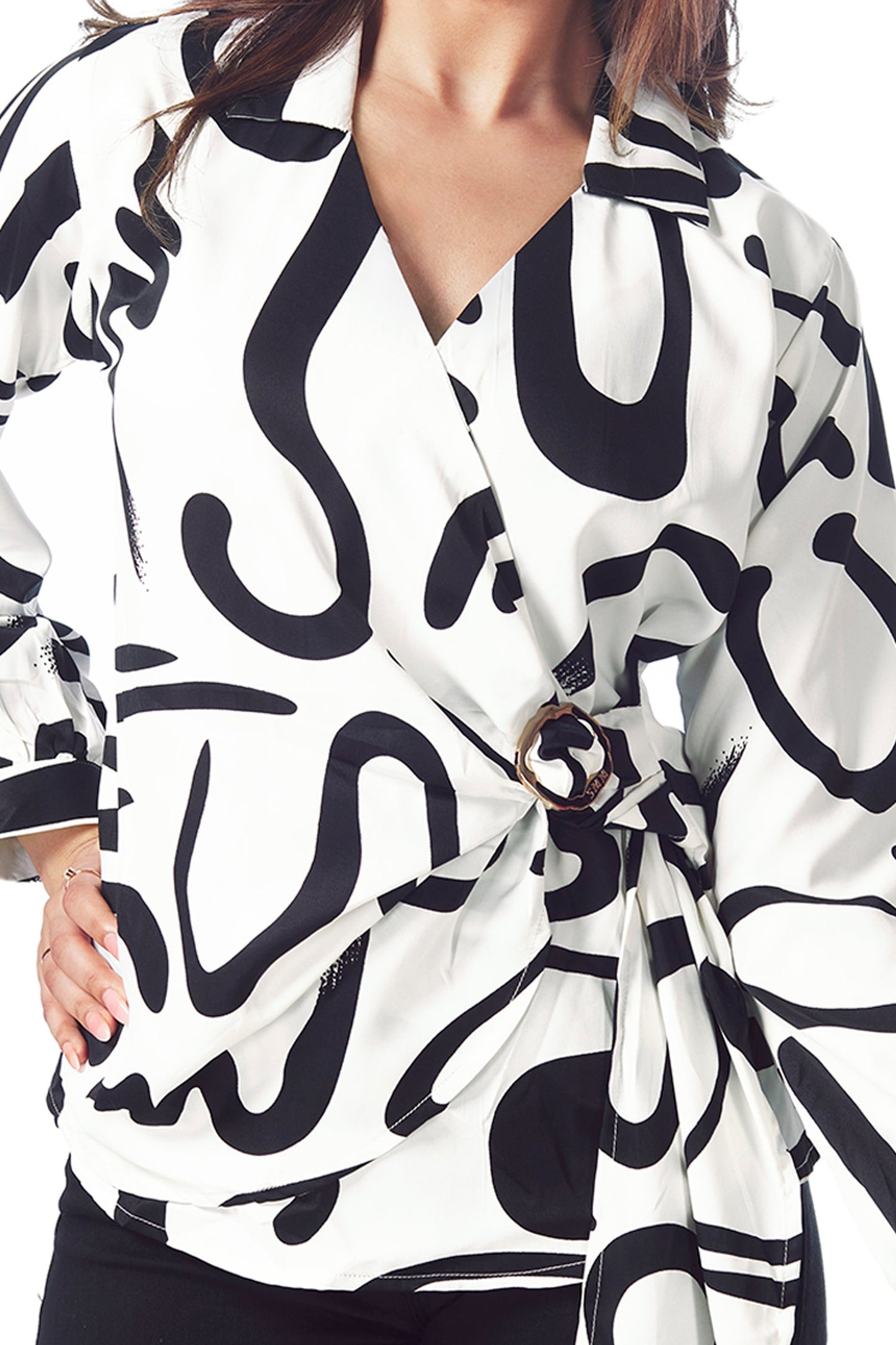 Black & White Printed V-Neck Wrap Top