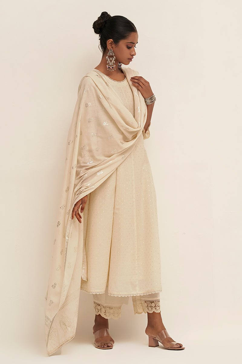 Off White Silver Woven Kurta With Foil Printed Cotton Dupatta