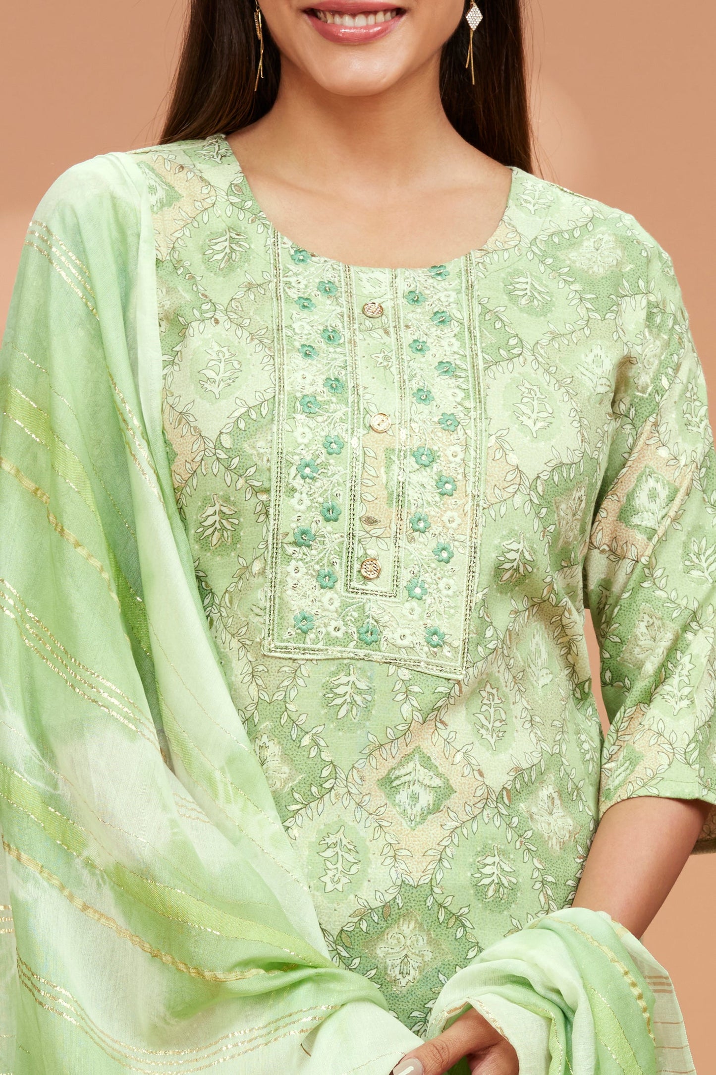 Printed Straight fit Embroidered Kurta with Palazzo Pant & Tie-die Dupatta - Light Green