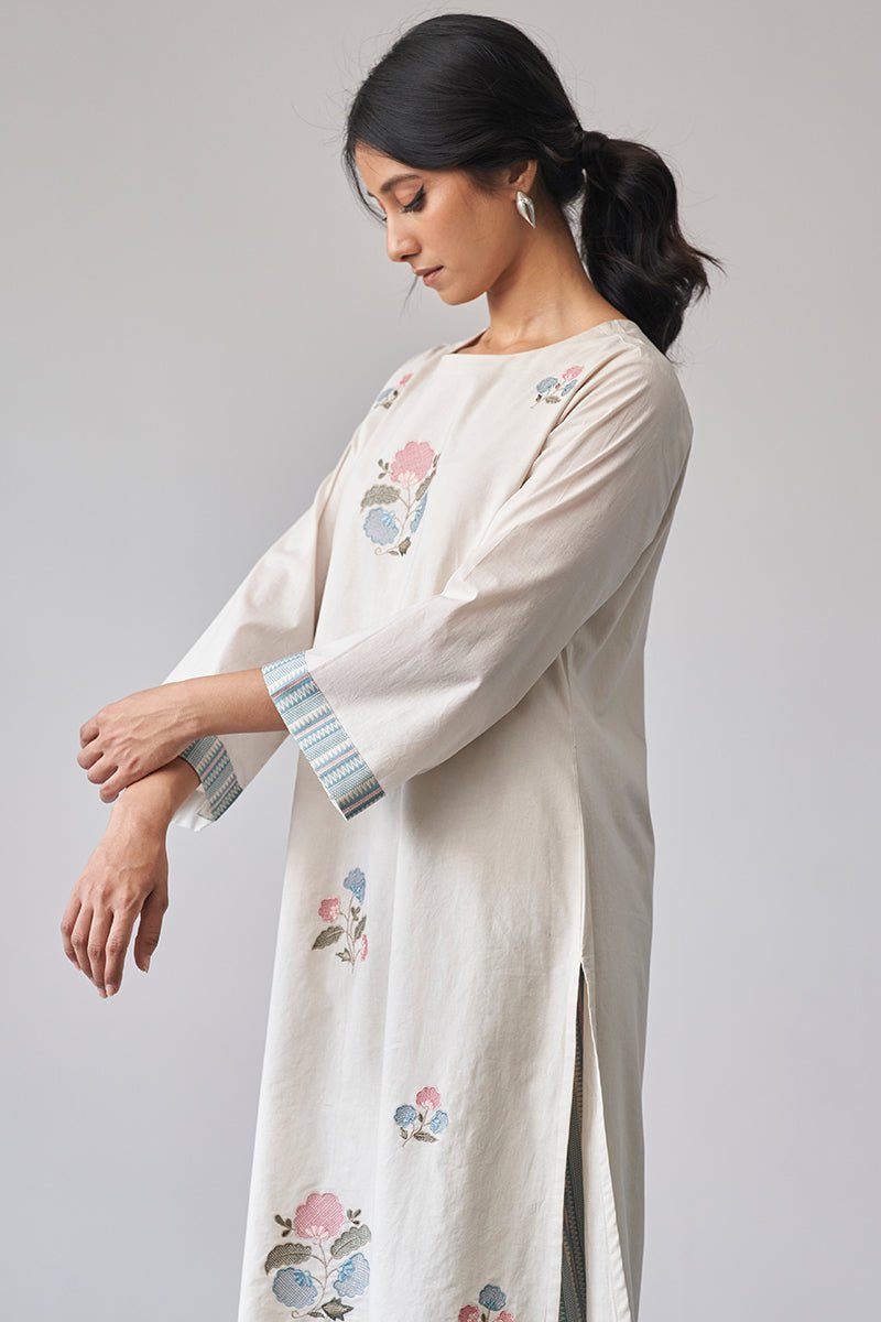 Beige Embroidered Cotton Kurta With Printed Salwar