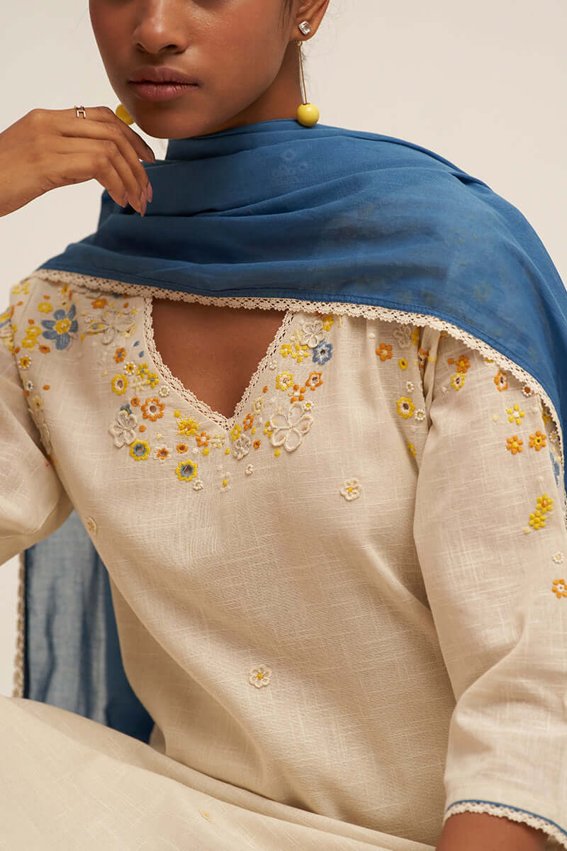 Cream and Blue Cotton Linen Embroidered Salwar Suit