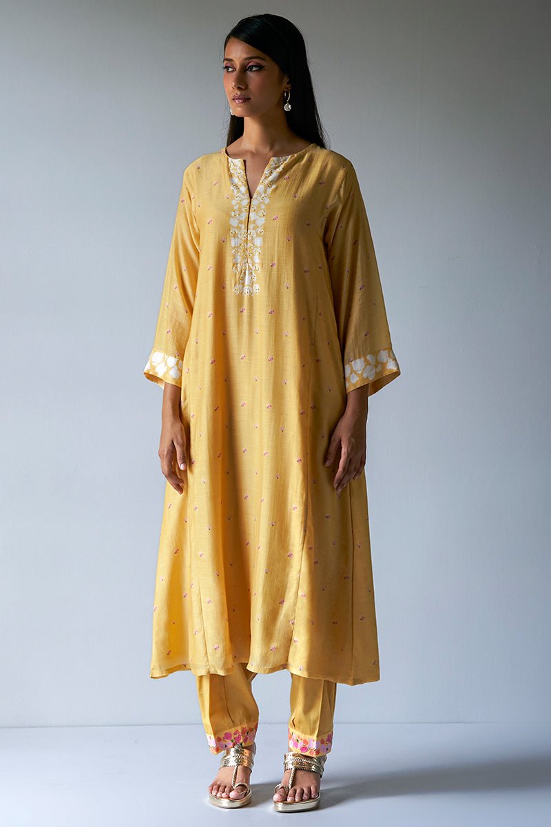 Yellow Bemberg Silk Printed Salwar Suit With Delicate Hand Embroidery on Top and Bottom