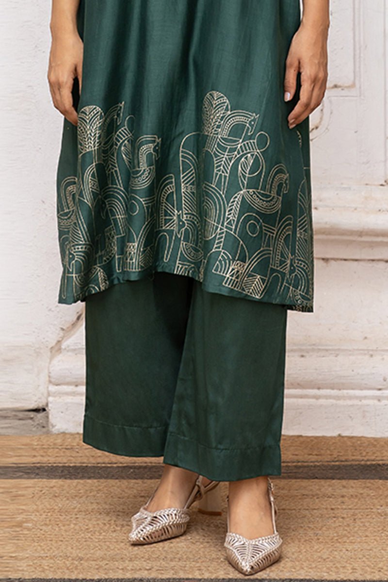 Green Gold Foil Print Bemberg Silk Festive Co-ord Set